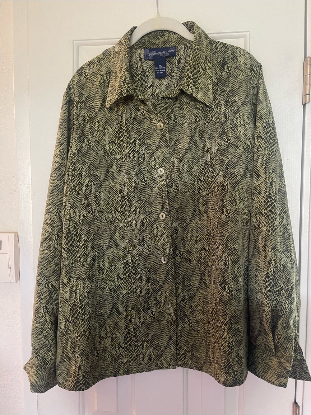 Susan Graver Green Snake-Print Button-Front Shirt